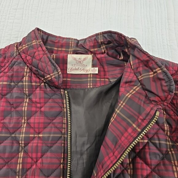 Women's Full Zip Puffer Jacket 3X (22W-24W) Maroon Plaid EUC Snap Pockets LS - Picture 5 of 14